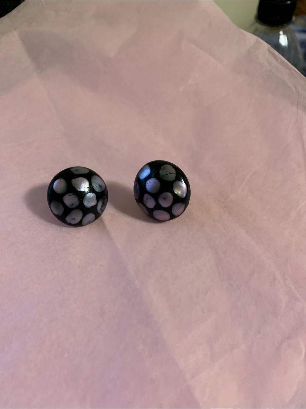 Black Round Stud Earrings with Iridescent Dot Pattern